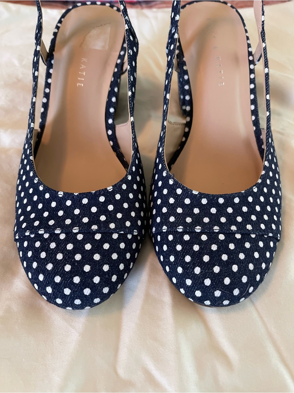 Kelly & Katie Navy and White Polka Dot Slingback Heels